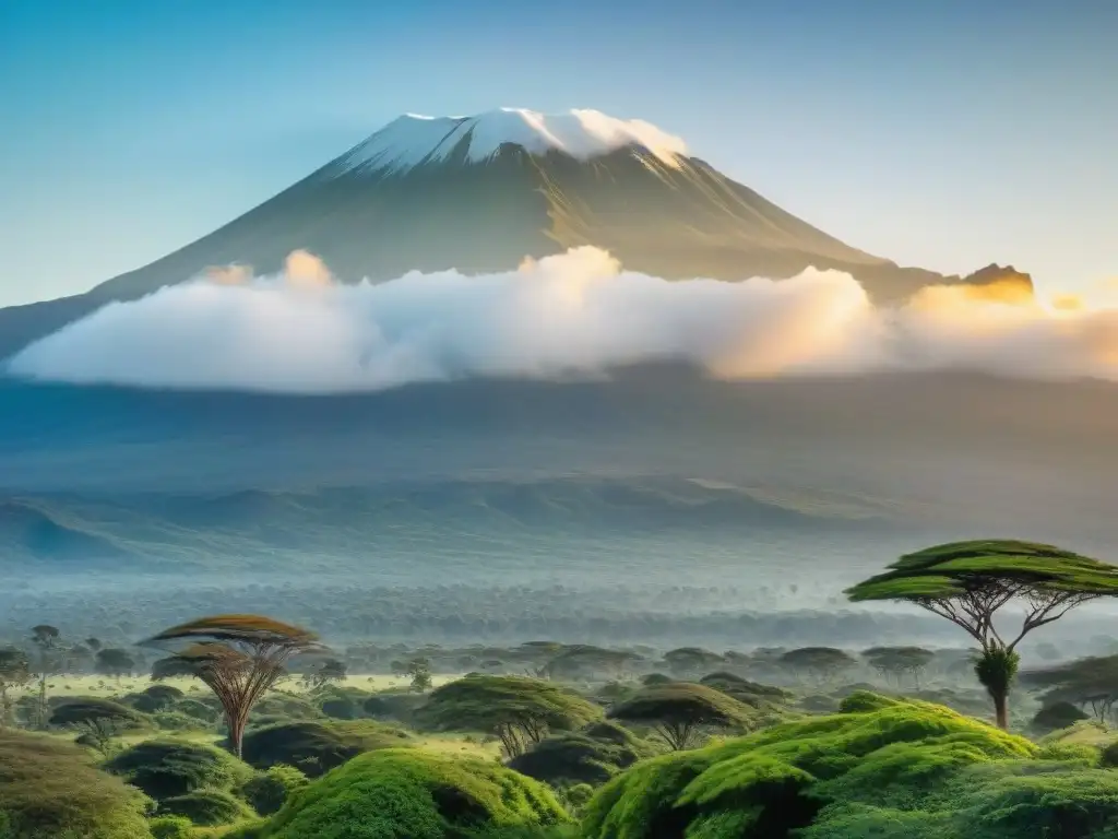 La majestuosidad del Monte Kilimanjaro al amanecer, con picos nevados y exuberante vegetación