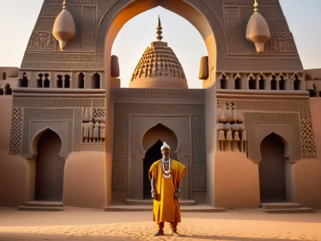 La majestuosidad de los muros de la Gran Mezquita de Djenné resalta al atardecer en Mali, África Occidental