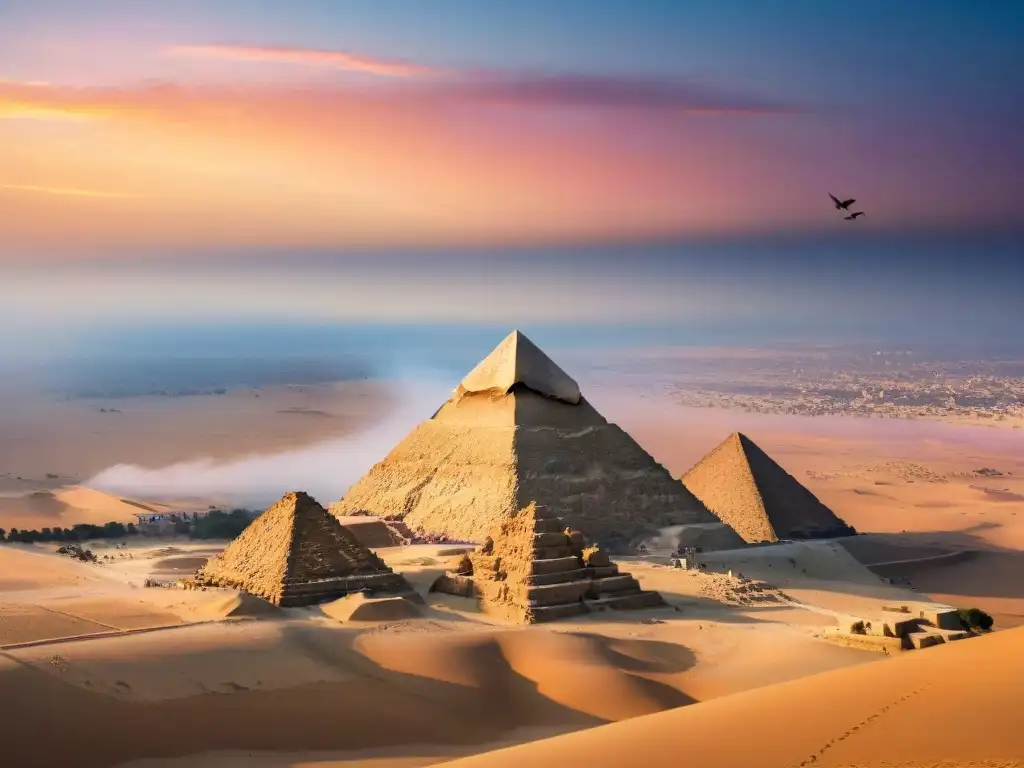 La majestuosidad de las pirámides de Giza al atardecer, con aves en vuelo y un cielo mágico