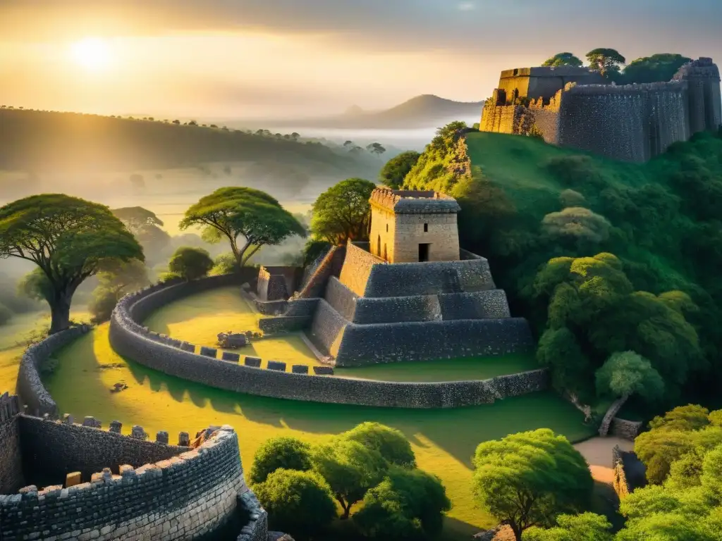 Explora la majestuosidad de las ruinas de Great Zimbabwe al atardecer, mostrando la riqueza mineral y reinos en el sur de África