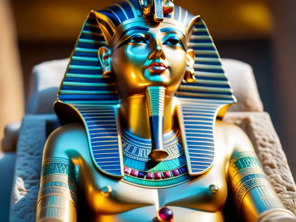 Sarcófago dorado de Tutankamón: detalle y misticismo egipcio Majestuosidad del sarcófago dorado del Rey Tutankamón, resaltando la religión egipcia antigua misterios