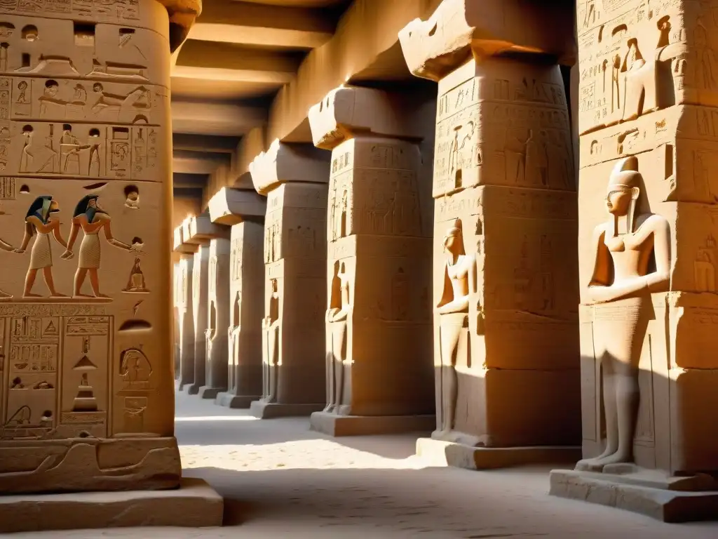 Explora la majestuosidad de los templos antiguos en Egipto: intrincadas inscripciones y columnas bañadas por la luz del sol