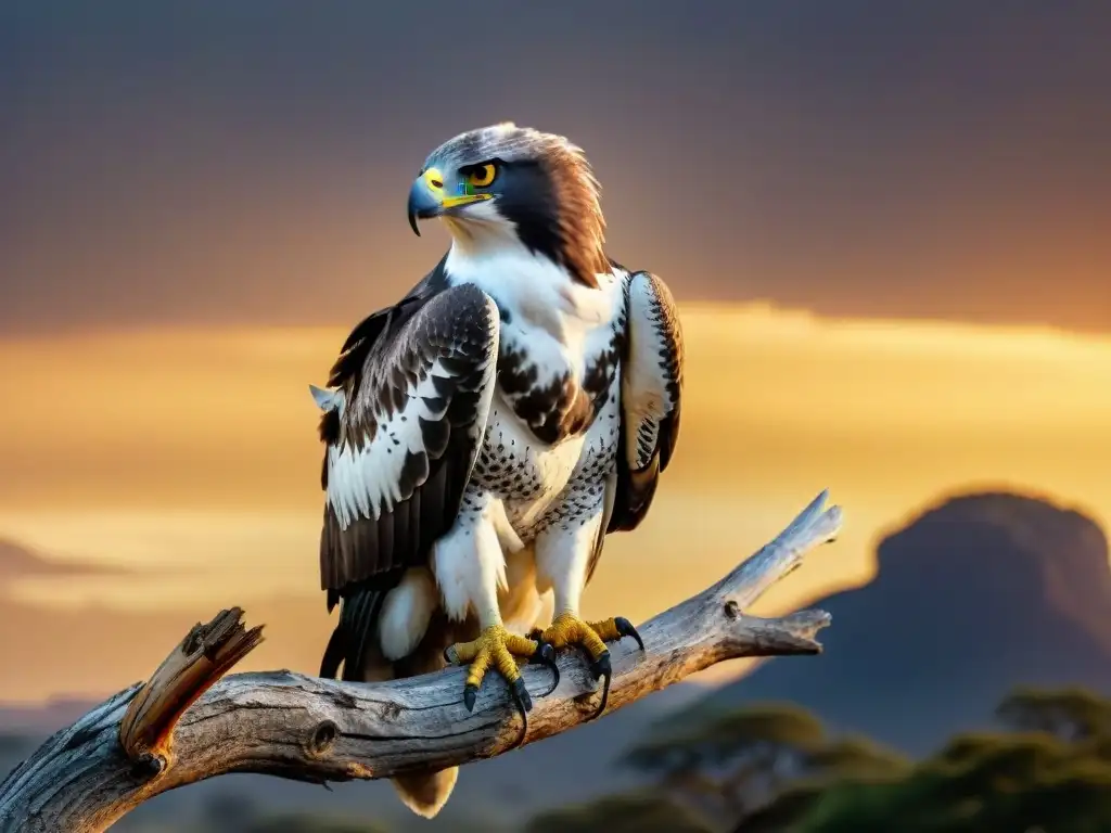 Un majestuoso águila marcial africana posada en una rama, con alas imponentes y mirada feroz