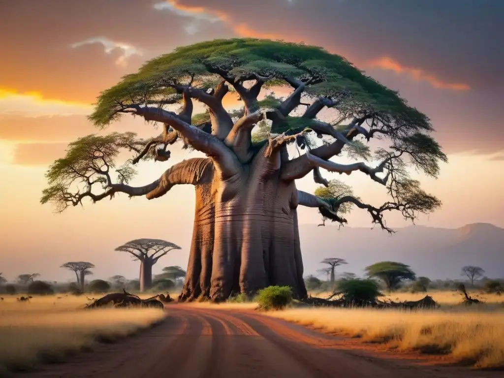 Un majestuoso árbol Baobab destaca en la sabana africana al atardecer, mostrando su belleza natural y los beneficios del superalimento africano