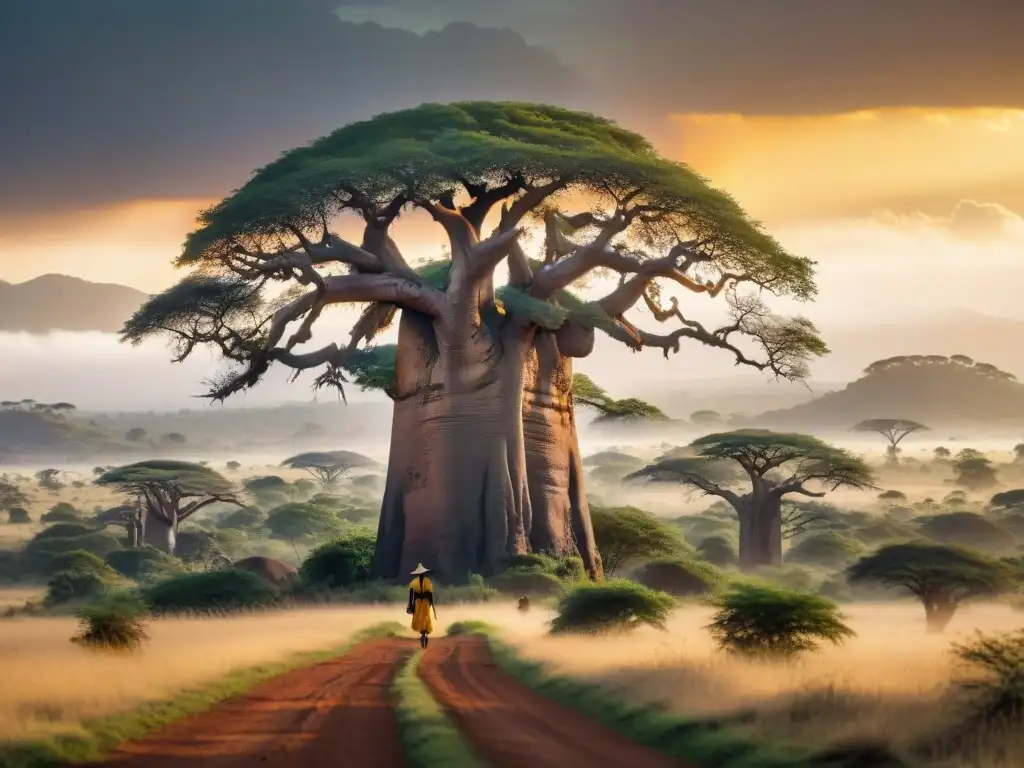 Un majestuoso Baobab en la sabana africana al amanecer, rodeado de entidades espirituales en África