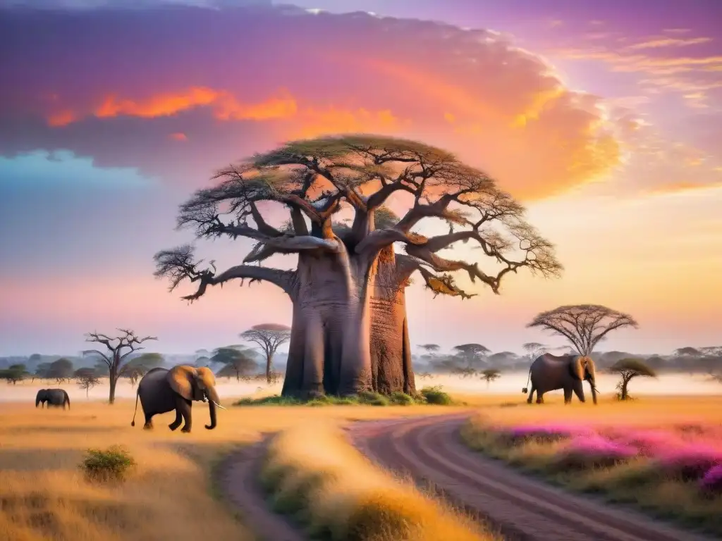 Un majestuoso baobab destaca en la sabana africana al atardecer, con elefantes pastando