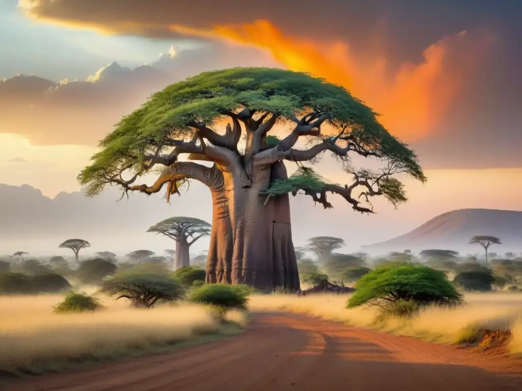 Un majestuoso baobab en la sabana africana al atardecer