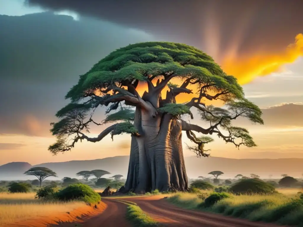 Un majestuoso baobab se alza en la sabana africana al atardecer, destacando su esencia ancestral