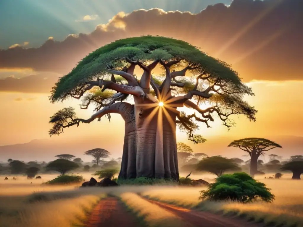 El majestuoso Baobab en la sabana africana al atardecer, destacando su imponente tronco y la exuberante naturaleza