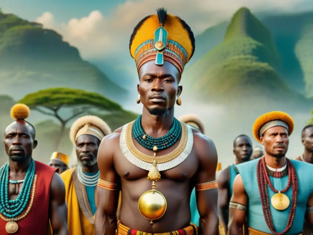 Un majestuoso encuentro de monarcas de África Central en atuendos regios, rodeados de corte real y paisajes exuberantes