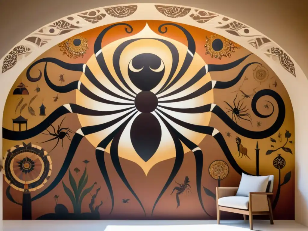 Majestuoso mural de Mitos y Leyendas del Sahel: Anansi, Mwindo y Djinn danzan en colores tierra, entre patrones hipnóticos