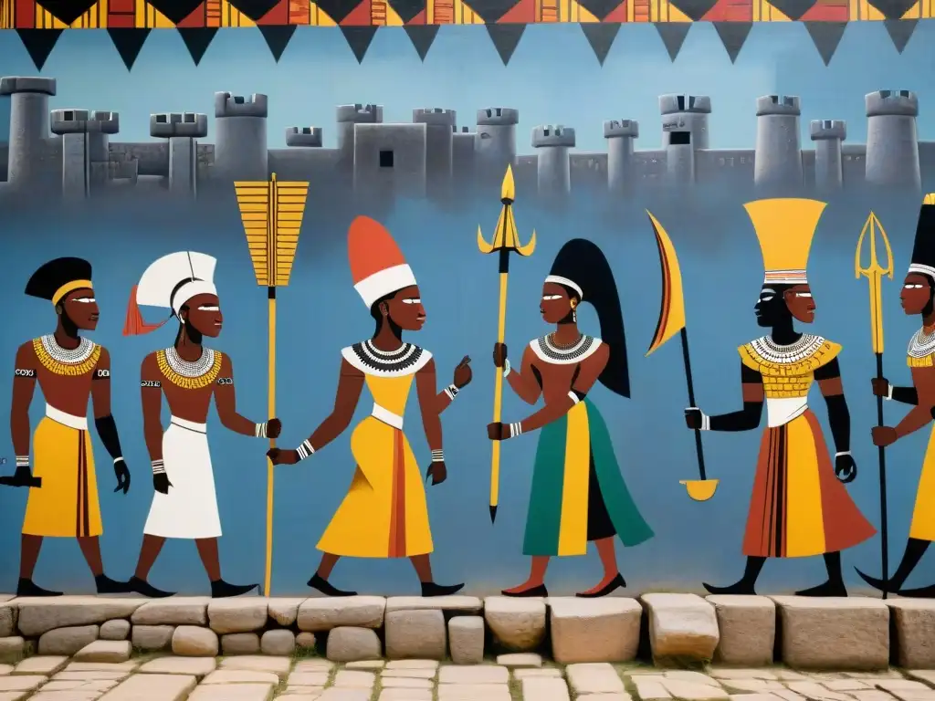 Esplendor ancestral: mural vibrante de reyes y reinas africanos en Zimbabwe Majestuoso mural en ruinas de Great Zimbabwe, retratando reyes y reinas africanos en escenas cortesanas