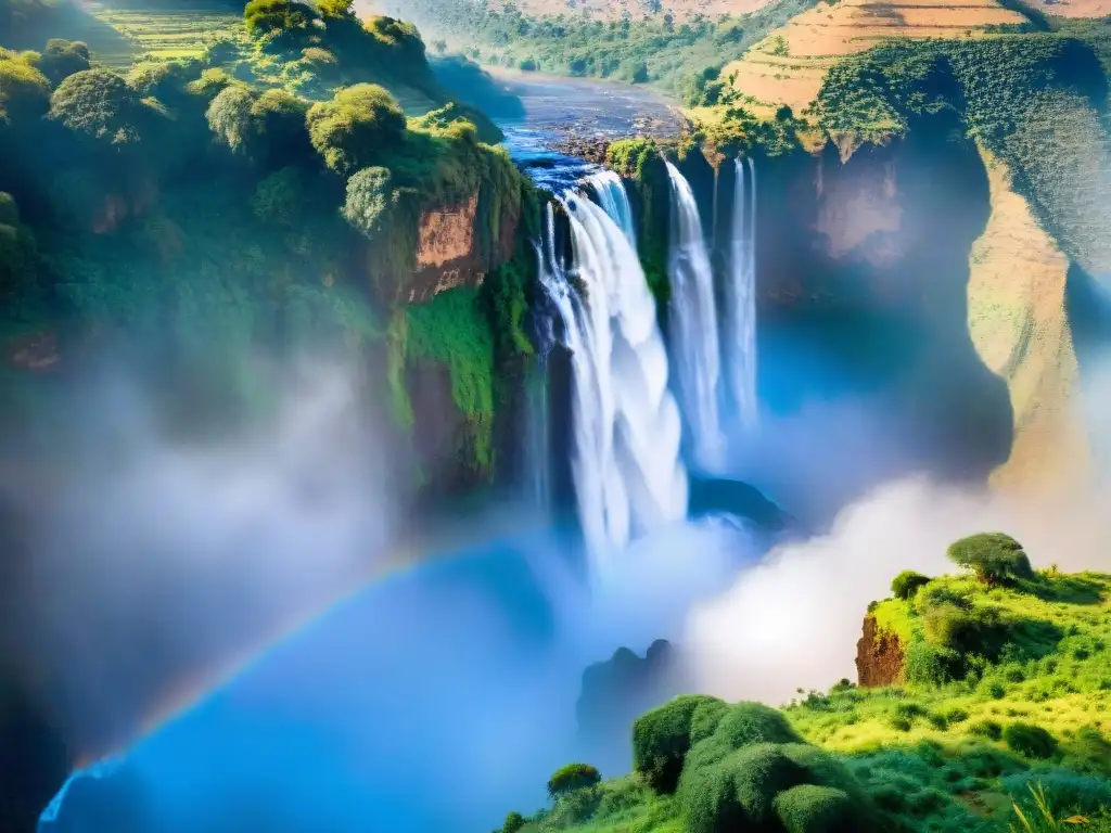 El majestuoso Nilo Azul fluyendo sobre las ásperas tierras altas de Etiopía al amanecer, rodeado de exuberante vegetación y vida silvestre