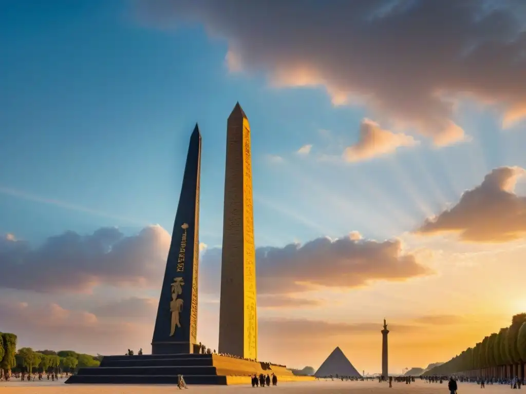 Silueta majestuosa: Obelisco de Luxor en París al atardecer Majestuoso obelisco egipcio en París al atardecer, significado obeliscos Egipto Nubia
