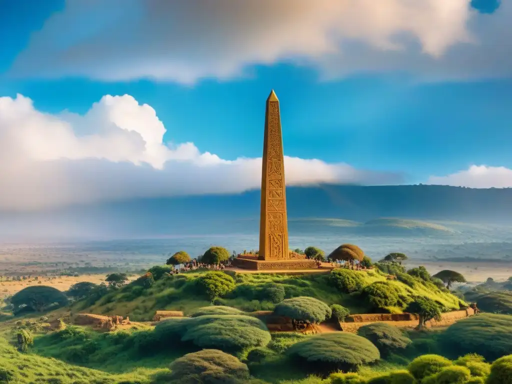 El majestuoso Obelisco de Aksum en Etiopía, tallado con antiguos símbolos, destaca entre el cielo azul