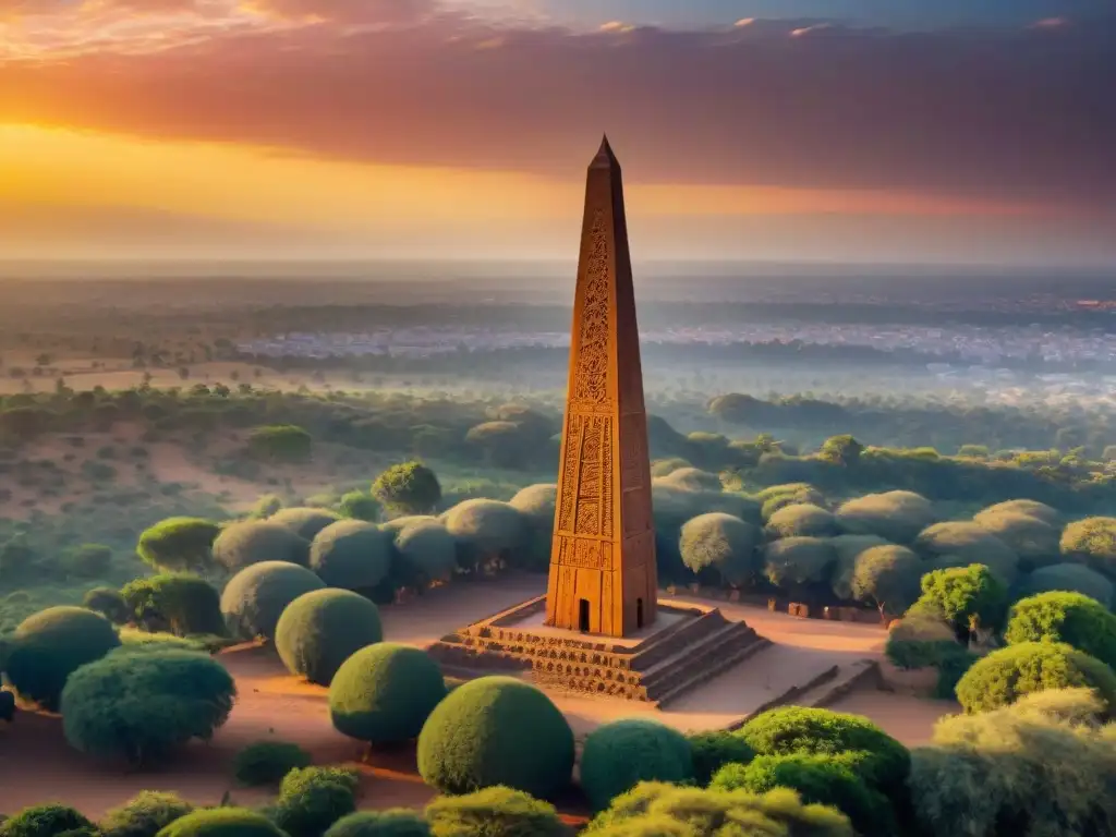 Majestuoso obelisco de Aksum en el vibrante atardecer etíope, resaltando la influencia global de las civilizaciones africanas