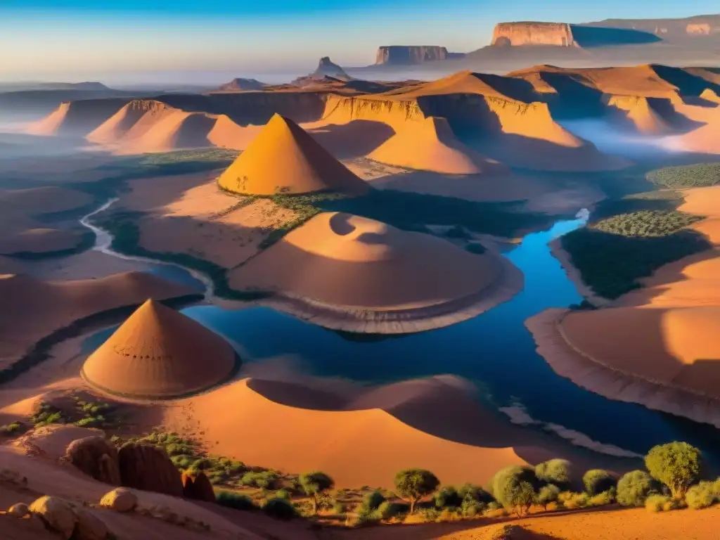 Majestuoso paisaje de Tassili n’Ajjer al amanecer, con formaciones rocosas, arte rupestre y cielo azul