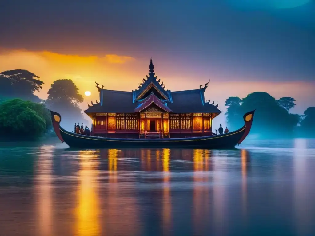 Majestuoso palacio flotante en el antiguo reino de Benín, rodeado de exuberante vegetación y aguas reflejantes al atardecer