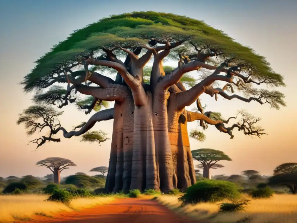 Un majestuoso Baobab africano, símbolo de poder en África, destaca en la vibrante sabana al atardecer