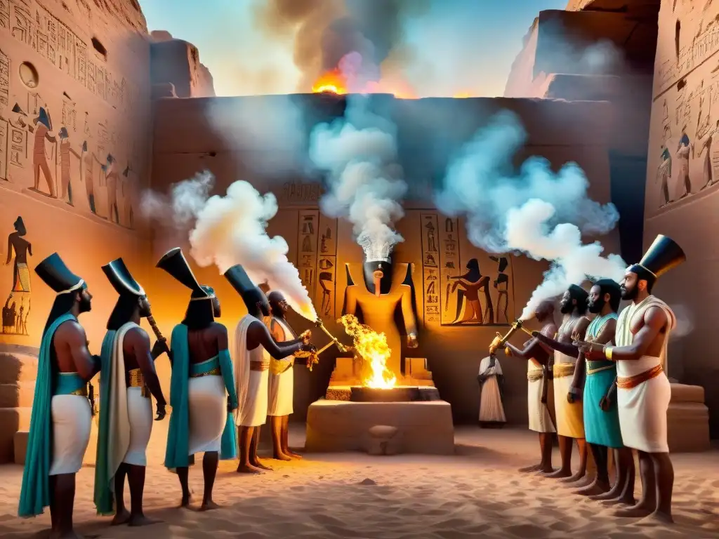 Majestuoso ritual egipcio en Nubia con fuego iluminando templo y sacerdotes