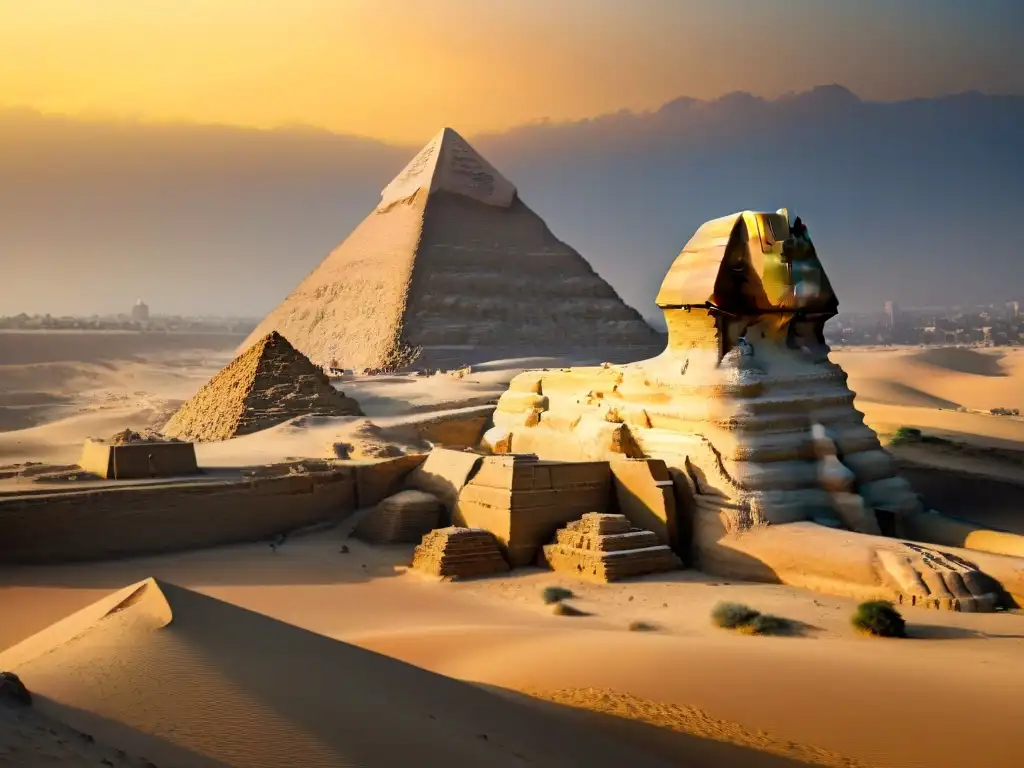 El majestuoso Sphinx de Giza al atardecer, con las pirámides de fondo, destaca la influencia global de civilizaciones africanas