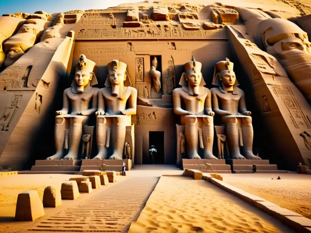 Majestuoso templo de Abu Simbel en Egipto, con interacción entre humanos y dioses, muestra tallados y estatuas de Ramsés II