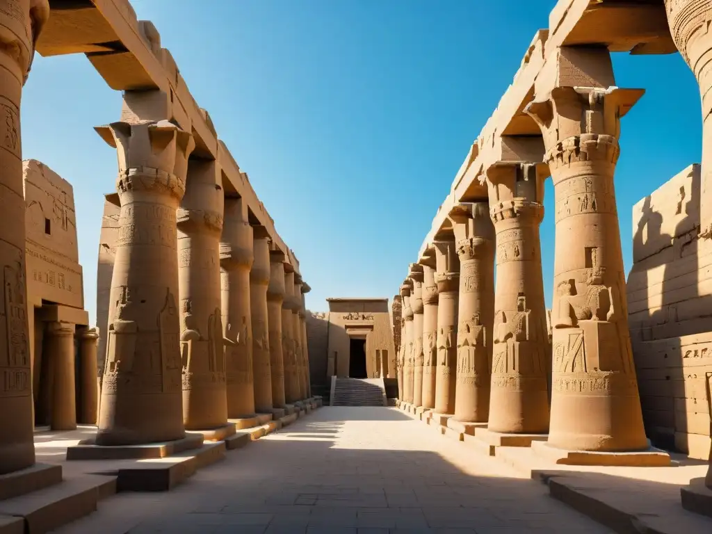 Majestuoso Templo de Karnak en Luxor, Egipto, con jeroglíficos y columnas, representando la relación entre Etiopía y Egipto