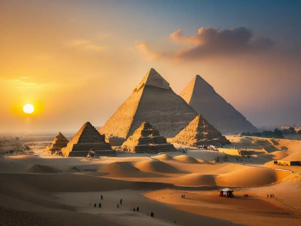 Majestuosos Custodios de la historia africana: Las Grandes Pirámides de Giza al atardecer dorado