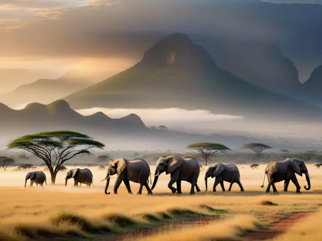 Majestuosos elefantes en la sabana africana al atardecer