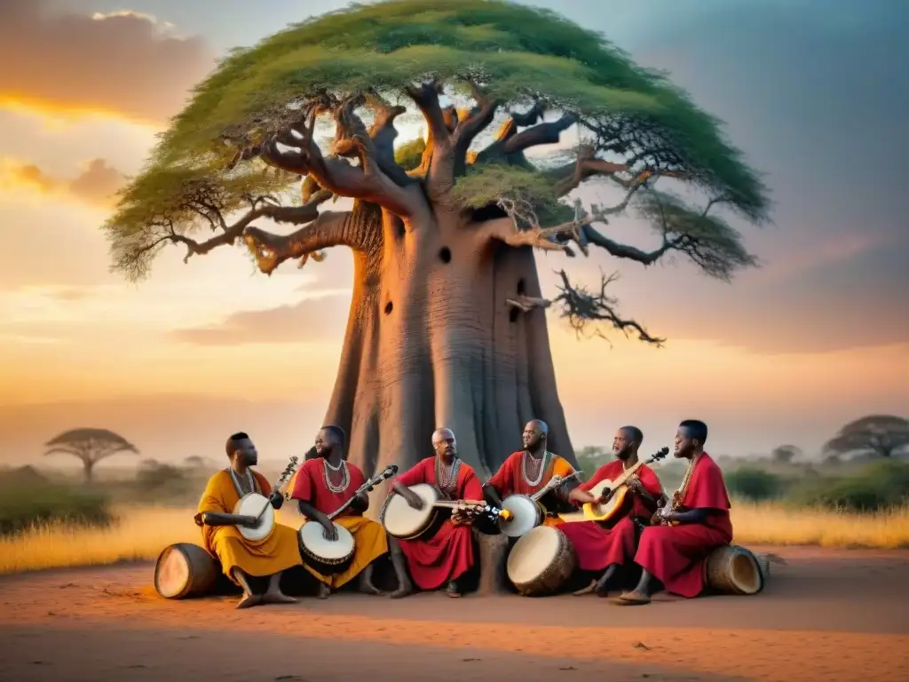 Majestuosos músicos africanos tocando instrumentos musicales bajo un baobab al atardecer, representando la conexión espiritual