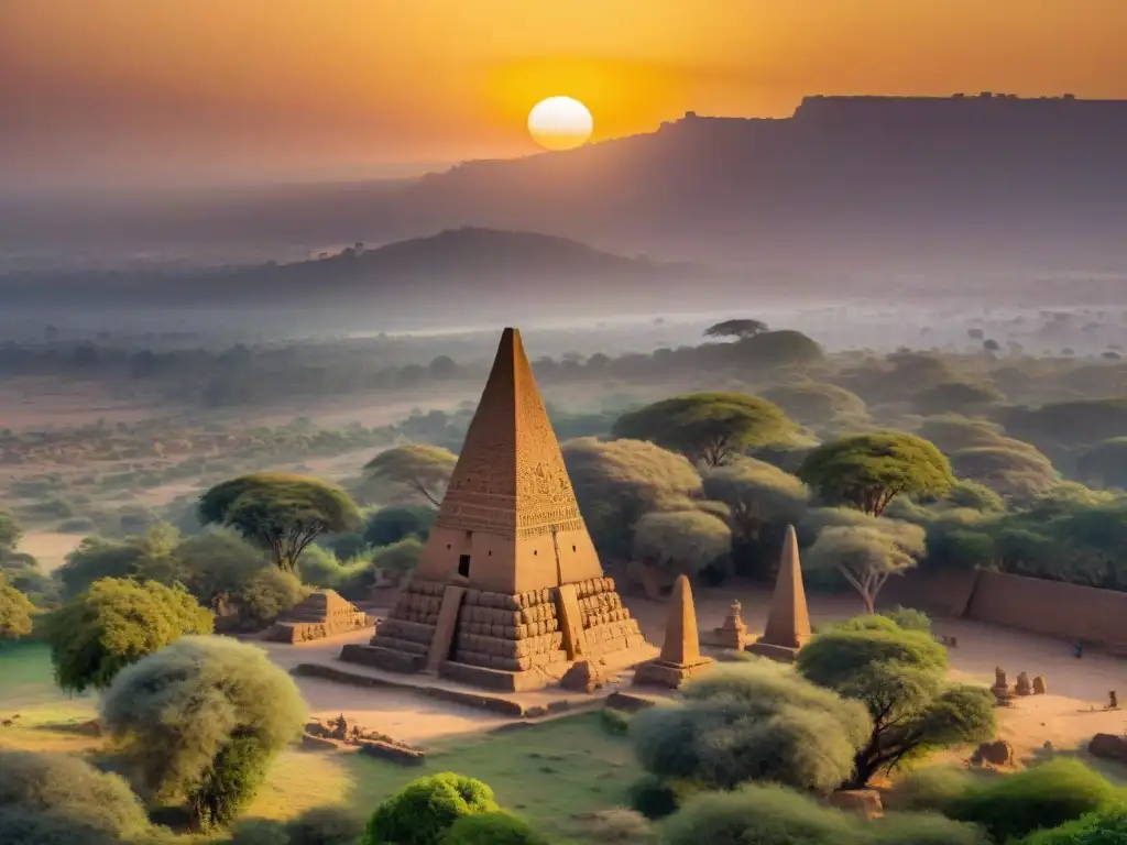 Majestuosos obeliscos aksumitas en un atardecer etíope, evocando la historia de la civilización africana