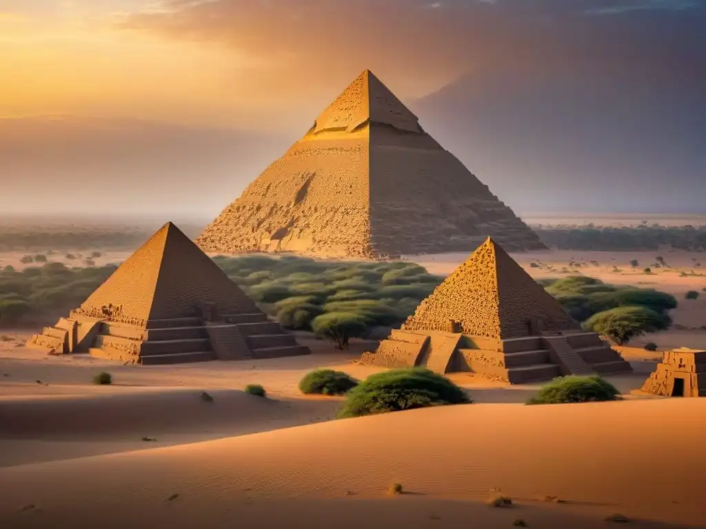 Los majestuosos pirámides de Meroe bañados en la luz dorada del amanecer, destacando la arquitectura detallada y el vasto paisaje desértico