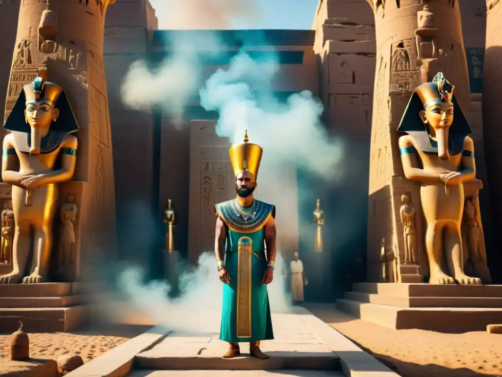 Ofrenda de incienso a Ra: sacerdotes egipcios ante templo grandioso Majestuosos sacerdotes egipcios ofrecen incienso a Ra en un templo antiguo, creando una atmósfera mística