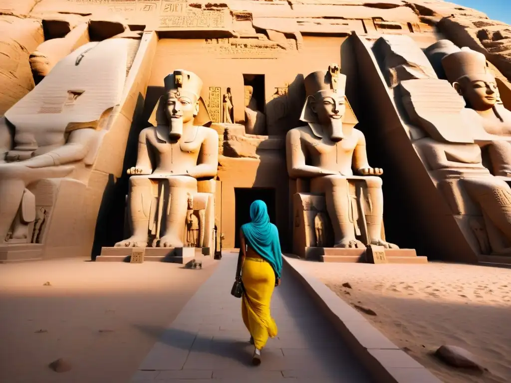 Maravilla de Abu Simbel: templos al amanecer Majestuosos templos de Abu Simbel al amanecer, con estatuas colosales y detalles finos