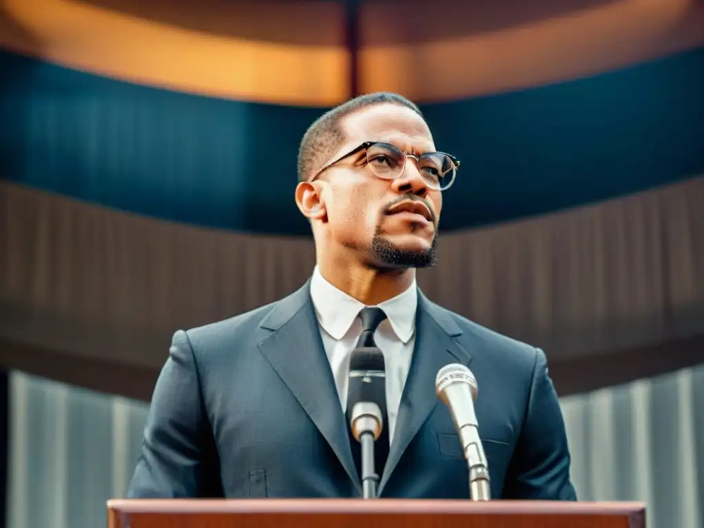 Malcolm X pronuncia un discurso impactante, rodeado de un público diverso, reflejando su influencia global