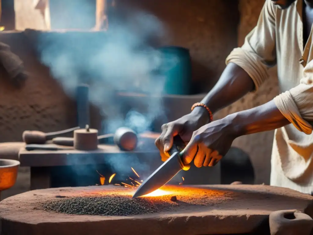 Un hábil herrero maliense forja una daga tradicional de hierro en una fragua, mostrando la metalurgia en Mali: Cambio mundial