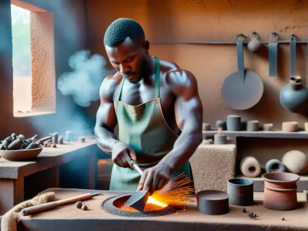 Un hábil herrero maliense creando obras de metal en su taller rústico, rodeado de herramientas y piezas brillantes bajo la luz cálida africana