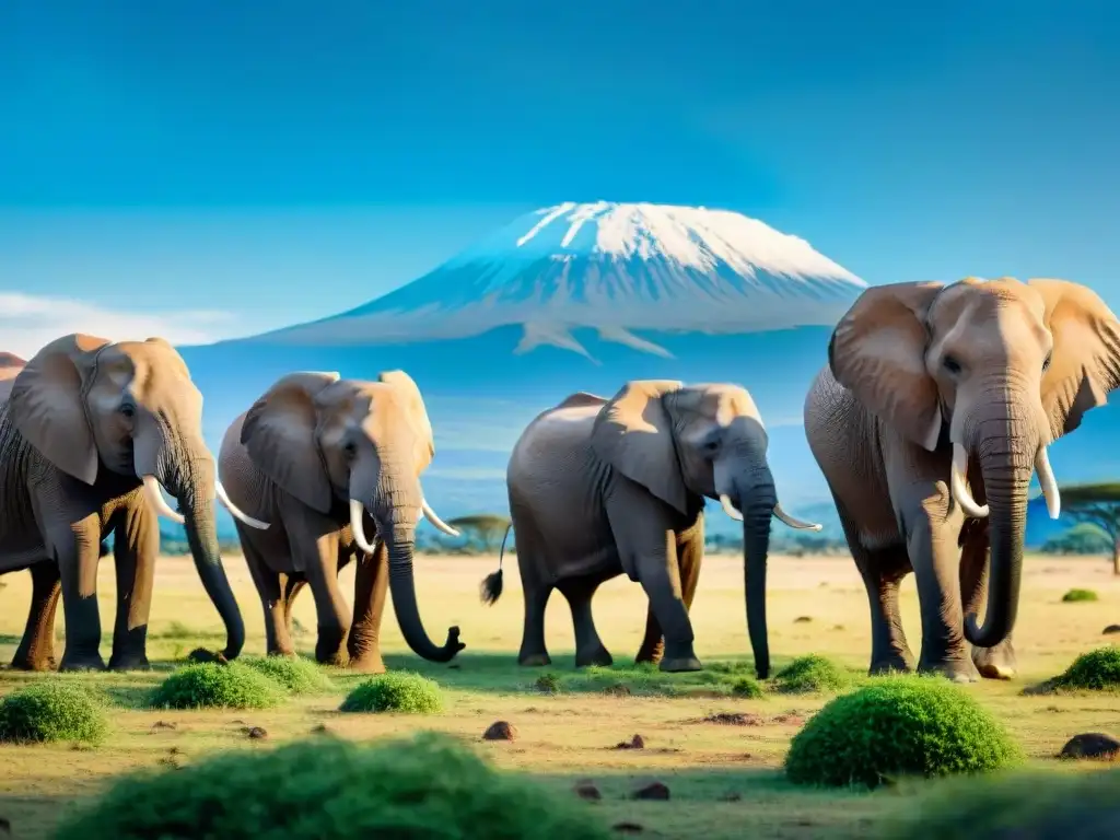 Una manada de elefantes africanos pastando pacíficamente en la sabana, con el majestuoso Kilimanjaro de fondo bajo un cielo azul claro