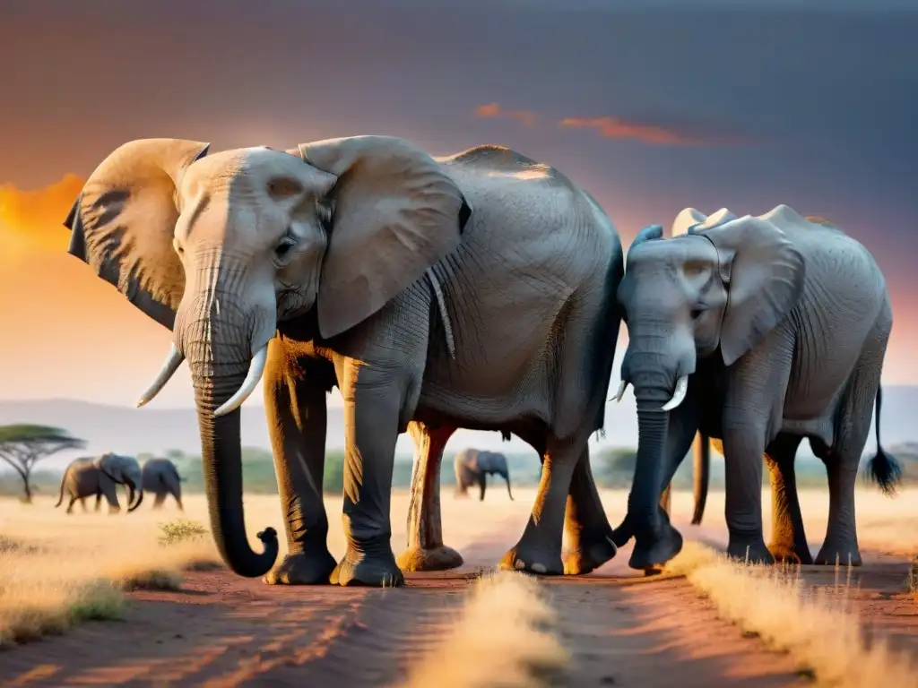 Manada de elefantes majestuosos deambulando en la sabana africana al atardecer, reflejando la influencia de los animales en África