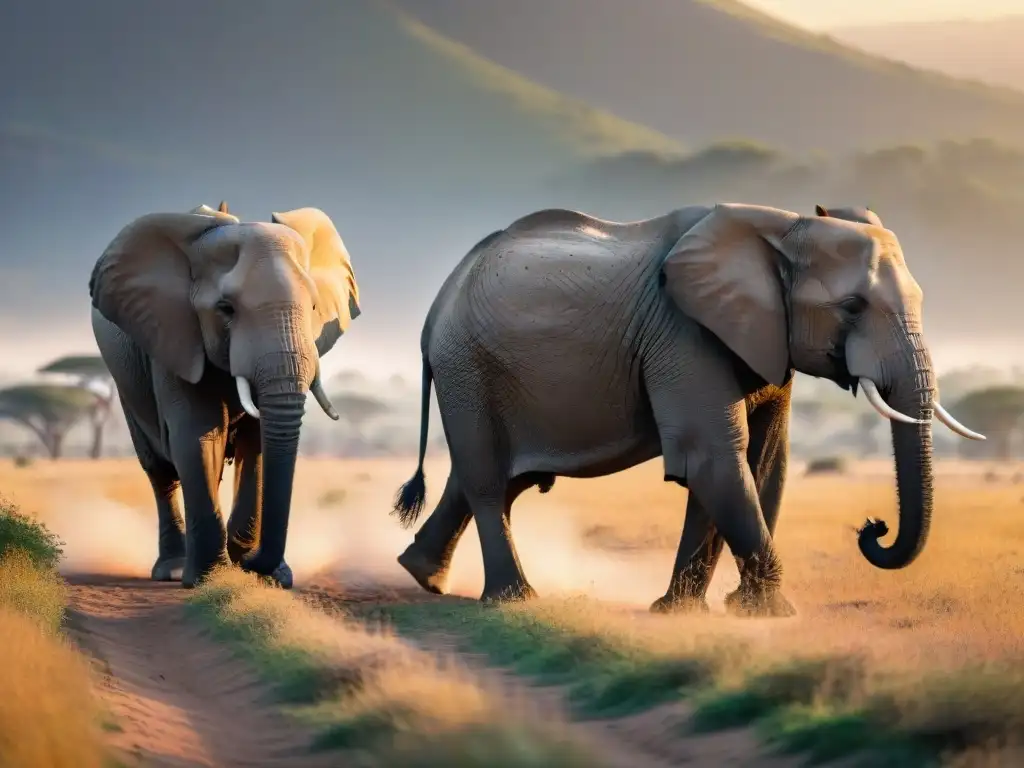 Manada de elefantes majestuosos en la sabana saheliana al atardecer, resaltando la biodiversidad en el Sahel: Contexto Imperial