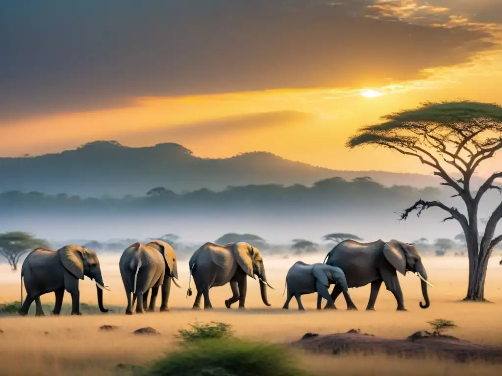 Manada de elefantes en paisaje africano al amanecer, simbolismo africano en paisajes naturales