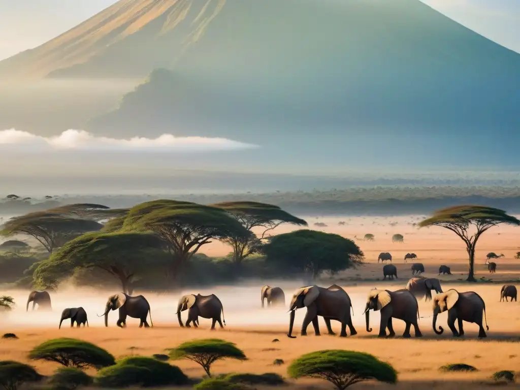 Manada de elefantes en la sabana africana al atardecer con el Monte Kilimanjaro de fondo