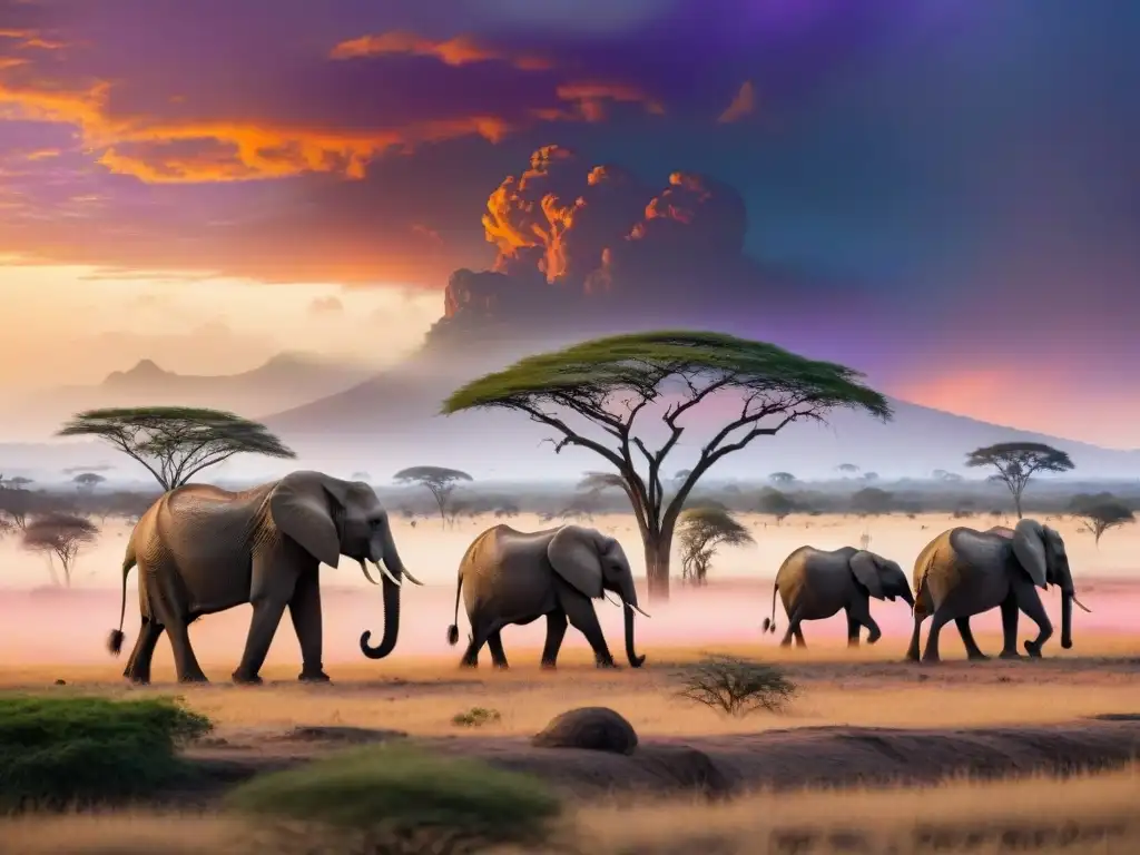 Manada majestuosa de elefantes en la sabana africana al atardecer, pintando un cuadro de historia africana para activismo ecológico