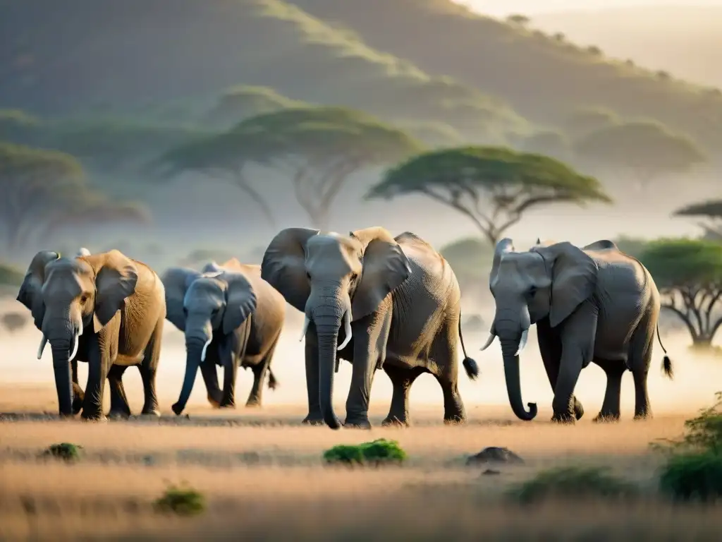 Manada majestuosa de elefantes en la sabana africana al atardecer, reflejando la belleza de África para aplicaciones de turismo ecológico en África