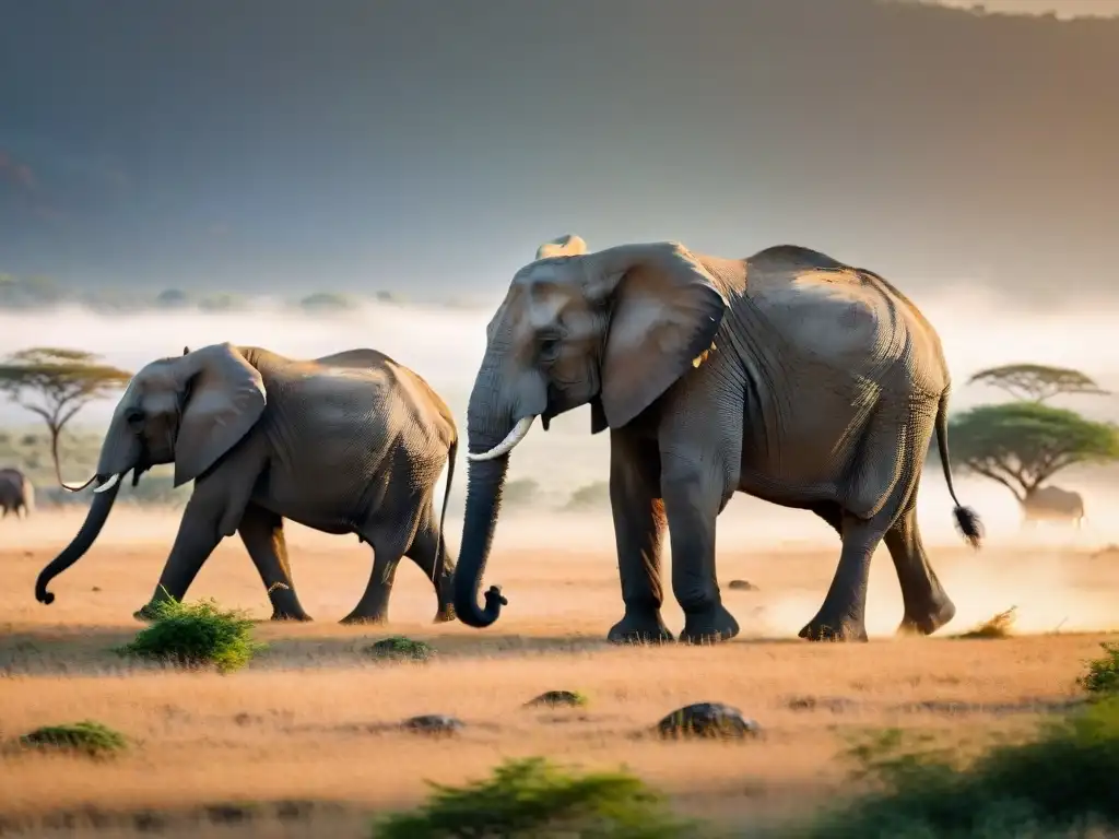 Manada majestuosa de elefantes en la sabana africana al atardecer, reflejando la belleza del ecoturismo en África