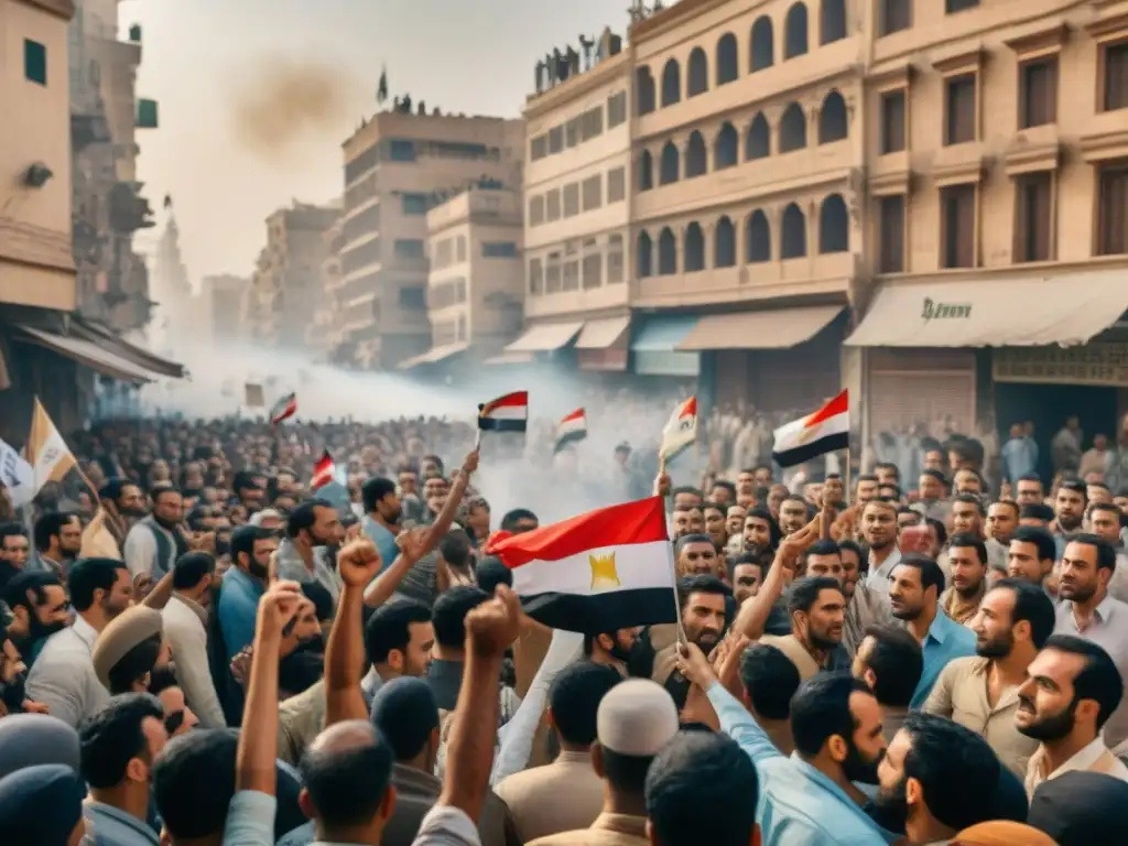 Manifestación en la Revolución 1952 en El Cairo, Egipto: multitud ondea banderas, rostros de esperanza y determinación