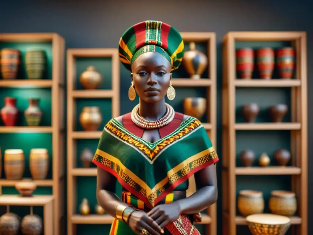 Un maniquí con kente en rojo, dorado y verde, simbolizando vida, muerte y renacimiento en creencias africanas vida muerte interconexión