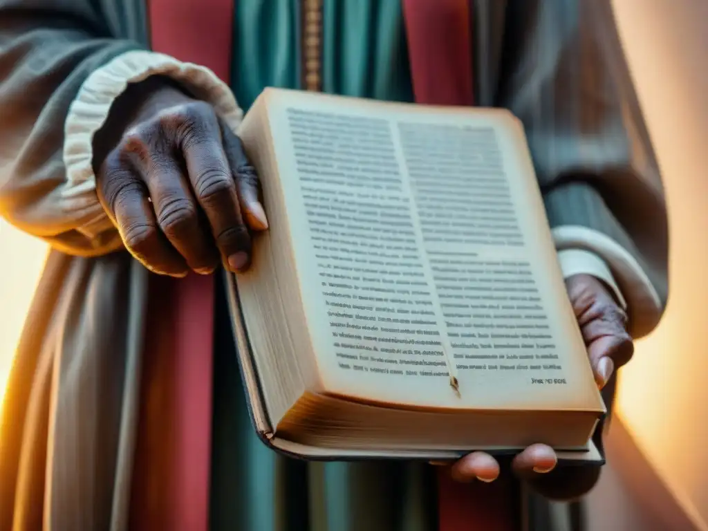 Mano arrugada sostiene libro antiguo con letras africanas, iluminada por luz tenue en habitación llena de libros