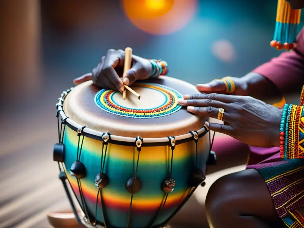 Manos adornadas tocan tambor africano en ceremonia de sanación con música, iluminadas por luz de velas