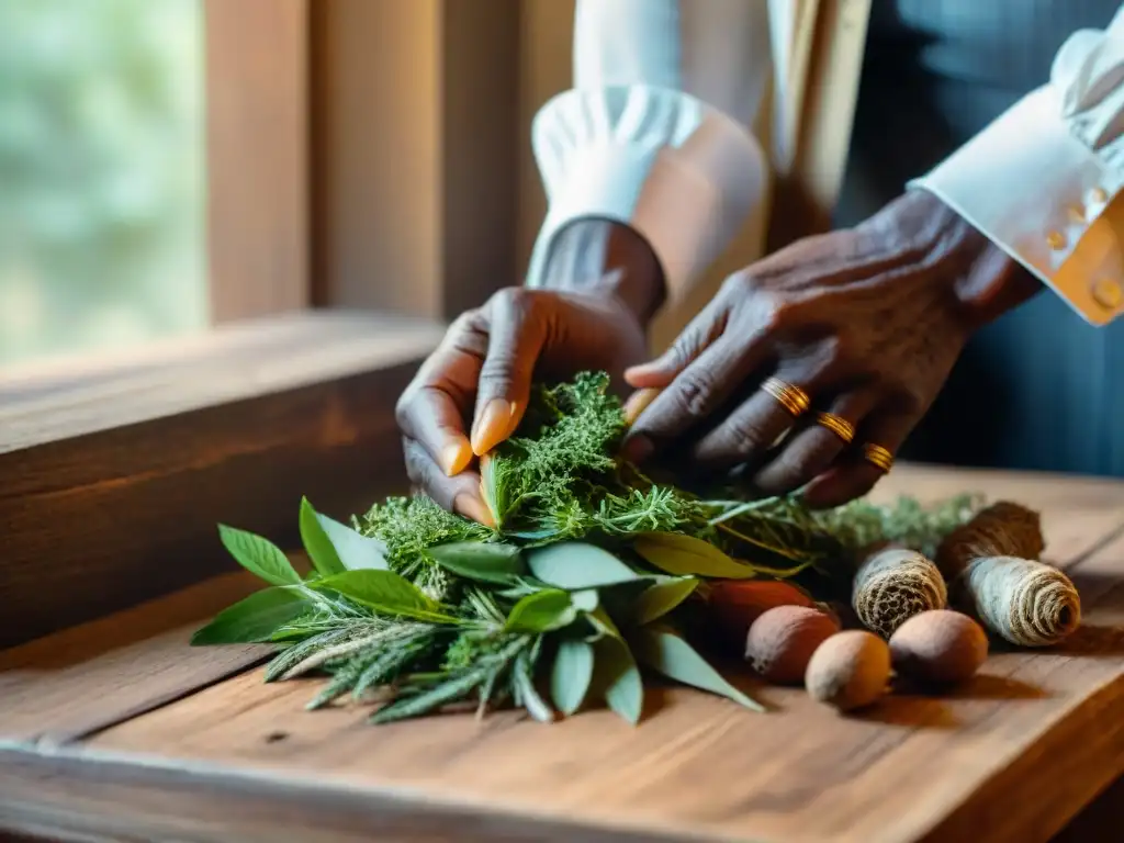 Manos del curandero africano arreglando hierbas secas en mesa de madera, con luz natural resaltando texturas y colores